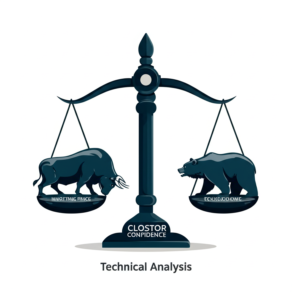 平衡秤插圖,牛熊人物代表供需力量均衡,收盤價作為支點,象徵市場趨勢與投資者信心,是技術分析的基礎元素