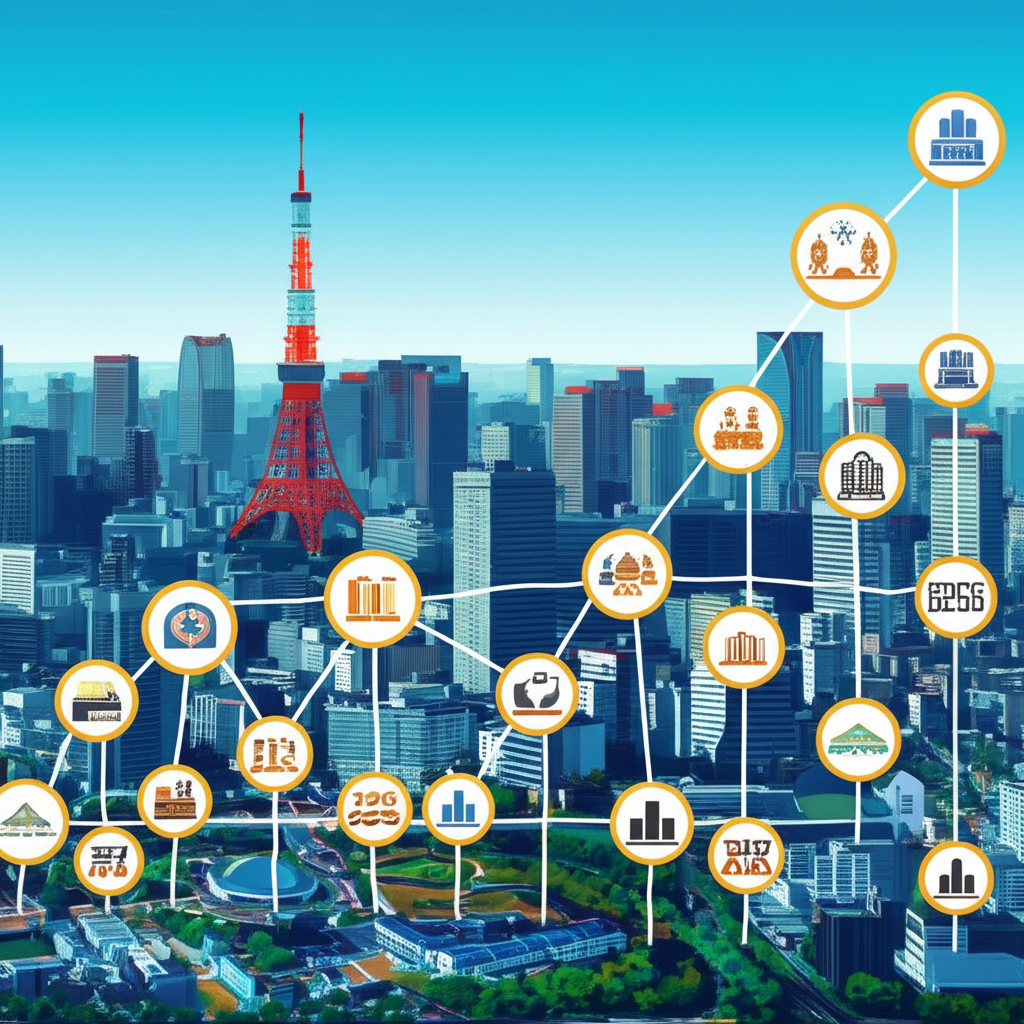 東京市景與日經225指數走勢圖,象徵日本企業與全球投資