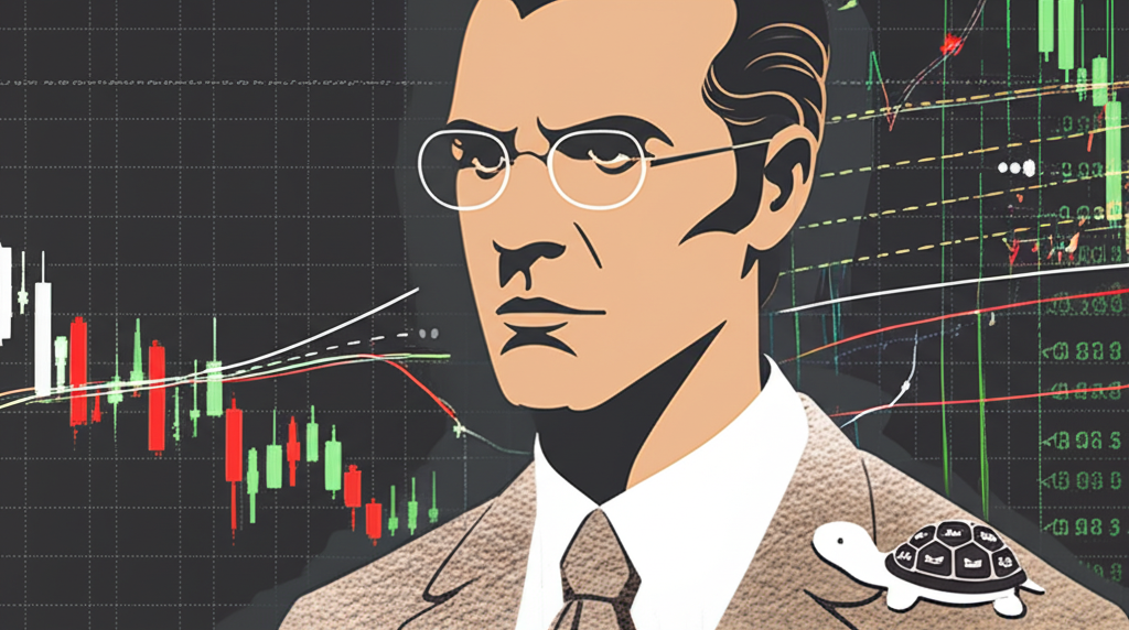 紀律投資者以海龜象徵耐心追蹤金融市場趨勢的插圖