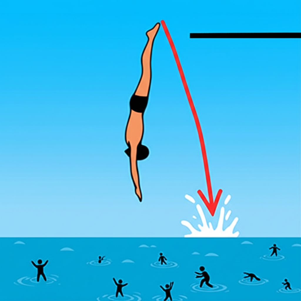 An illustration of a stock price graph resembling a diver plunging vertically into water from a high platform symbolizing a rapid and dramatic drop in stock value with panicked selling pressure