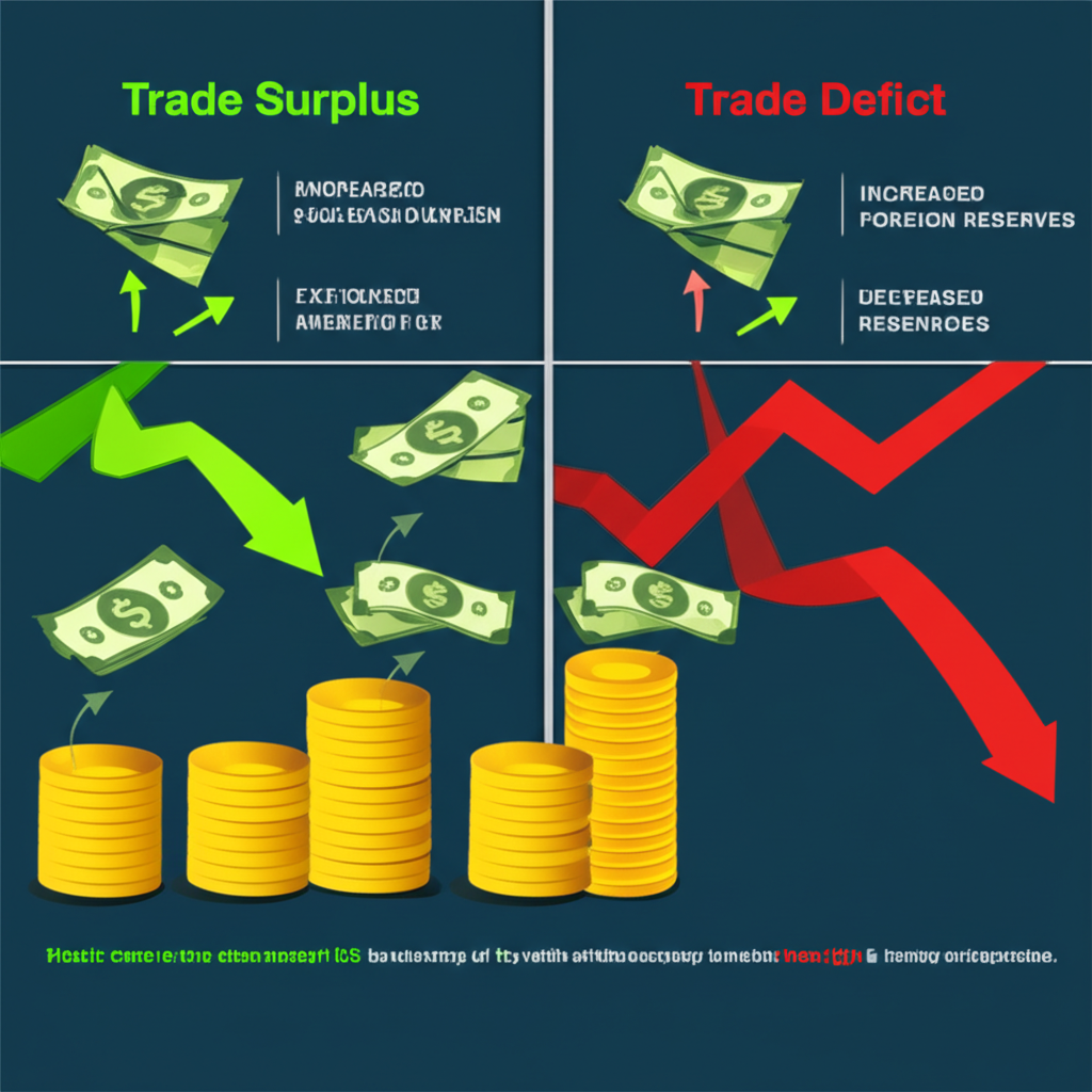 貿易順差與貿易逆差對比圖:一側資金流入增加儲備,另一側資金流出減少儲備