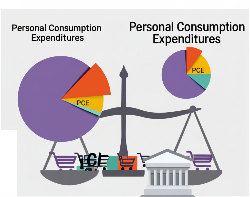 Stylized pie charts comparing PCE and Core PCE with shopping and central bank icons