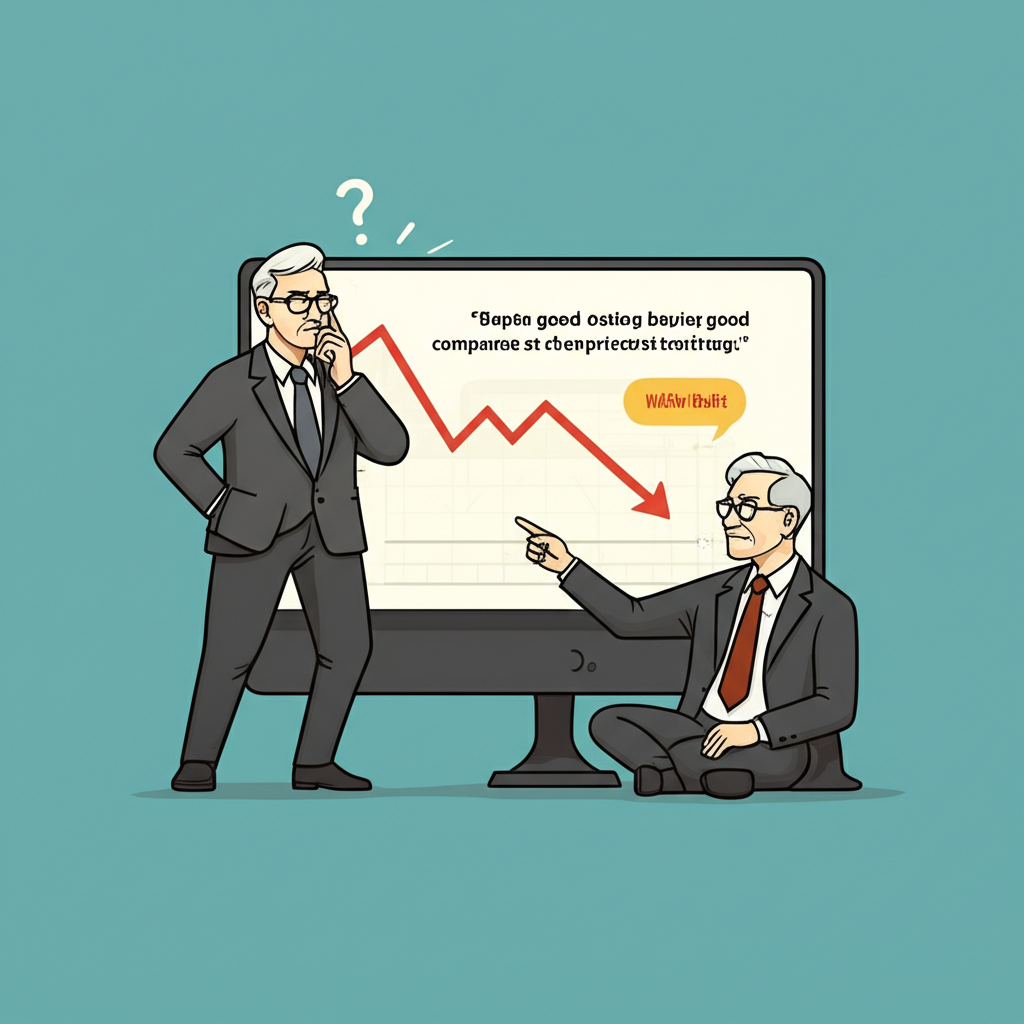 An investor figure looking anxious at a downward trending stock chart while a calm figure points to a Warren Buffett quote about buying good companies at cheaper prices illustration style