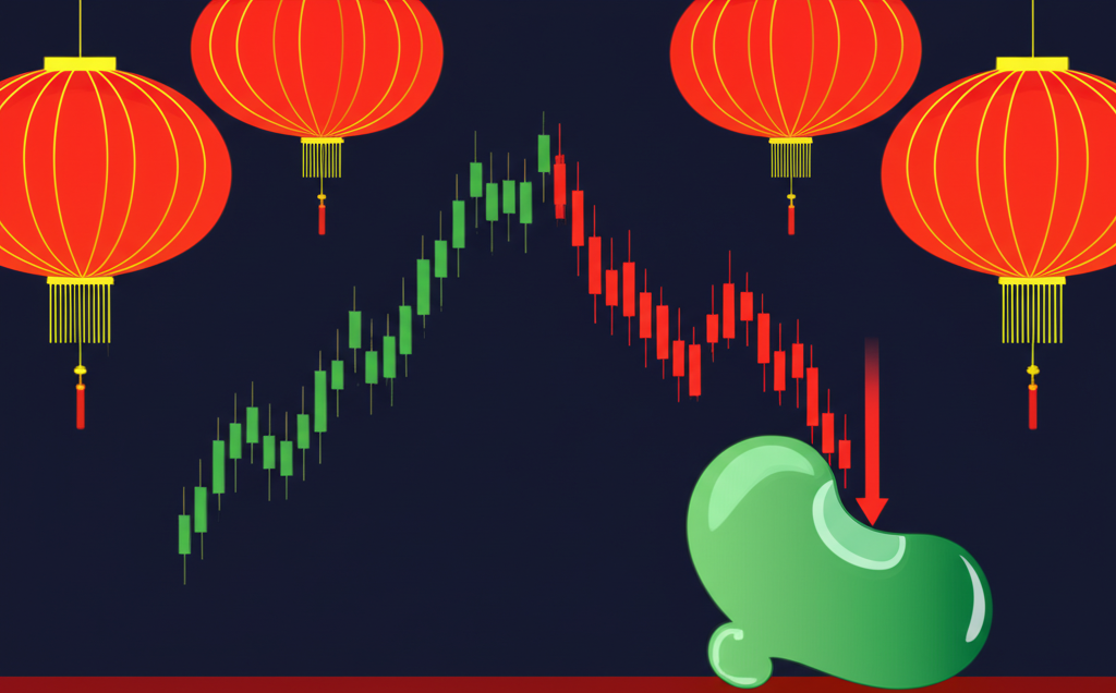 中國傳統文化符號如紅燈籠與綠玉石,旁邊是股市圖表顯示紅色上漲綠色下跌的文化影響