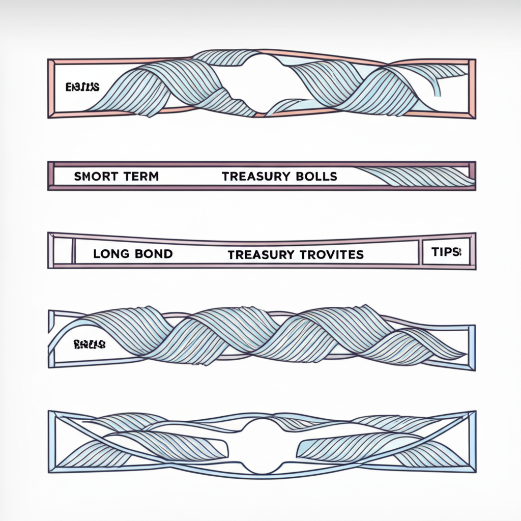 An illustration showing different types of US bonds like short term bills medium notes long bonds and TIPS with various lengths and designs representing their maturities