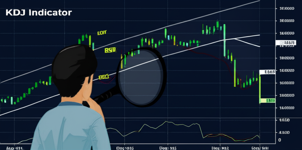 illustration of a financial market investor looking at a glowing KDJ indicator chart with lines moving up and down representing stock prices and market trends a magnifying glass focuses on buy and sell signals