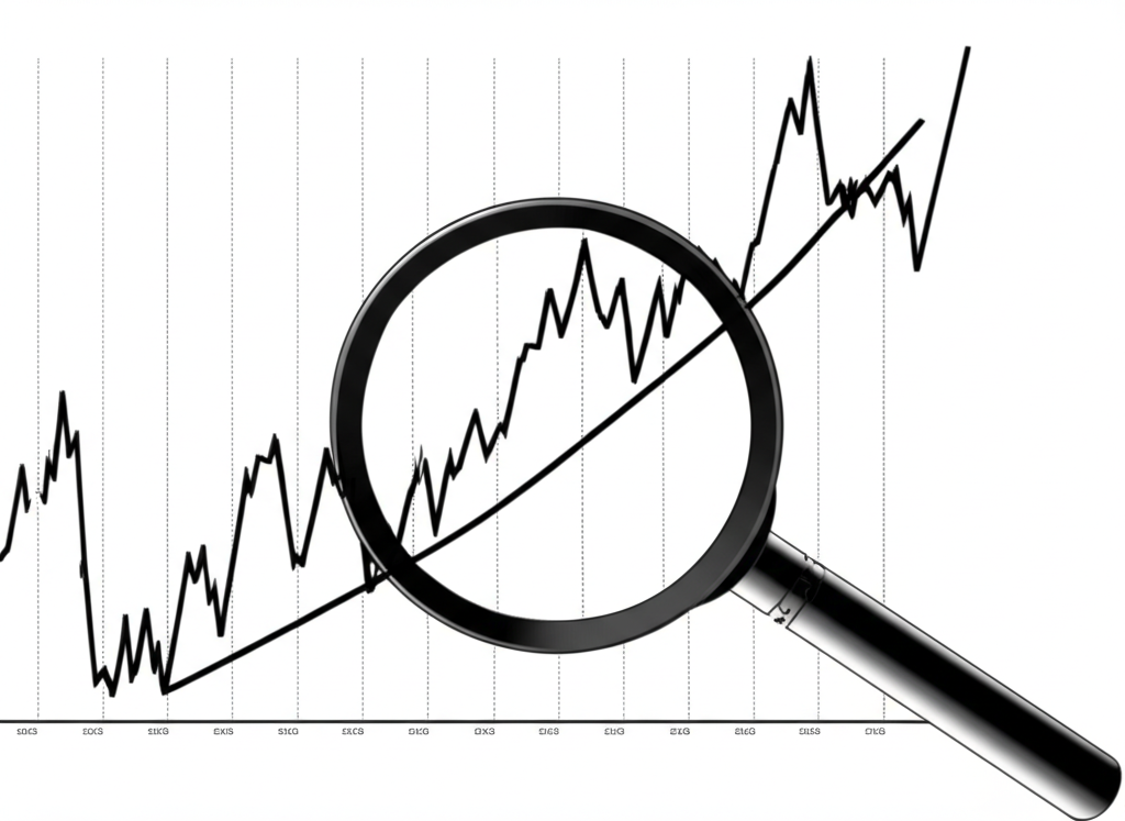 股票市場圖表插圖,突出收盤價線條,放大鏡聚焦最終交易價格,象徵交易日結束時的市場共識與投資者情緒