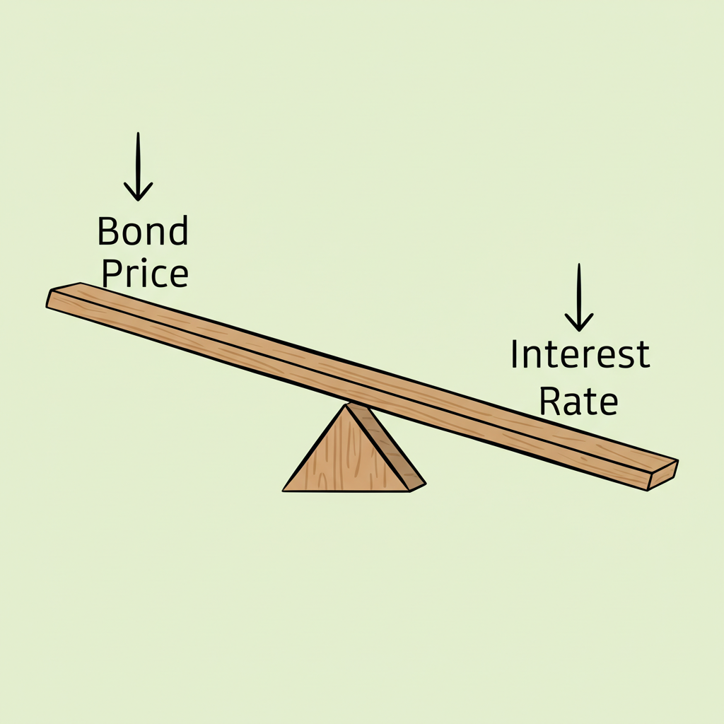 債券價格與利率反向關係的跷跷板插圖，一側標示債券價格，另一側利率，箭頭顯示折現率與機會成本的視覺效果