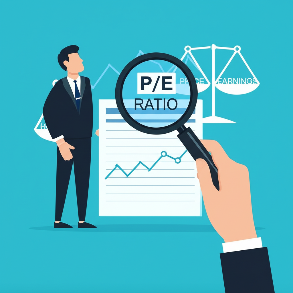 Illustration of a person examining a stock chart with P/E Ratio and a balanced scale representing price and earnings