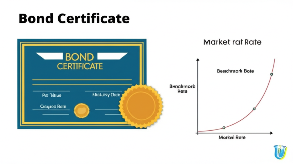 債券證書圖示，包含票面價值、票面利率和到期日元素，旁邊配以基準利率和市場利率的圖表