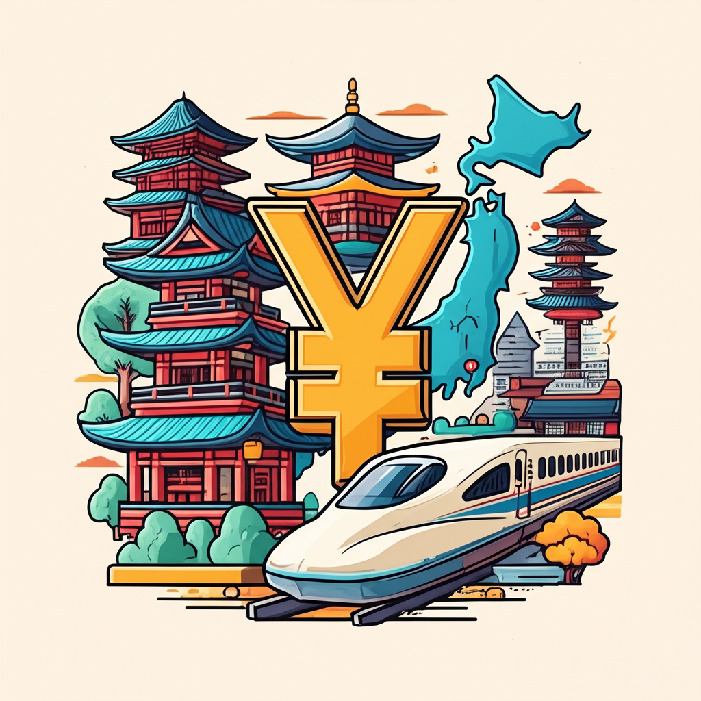 日本圓貨幣插圖,包含 ¥ 符號、JPY 標識與日本地標元素