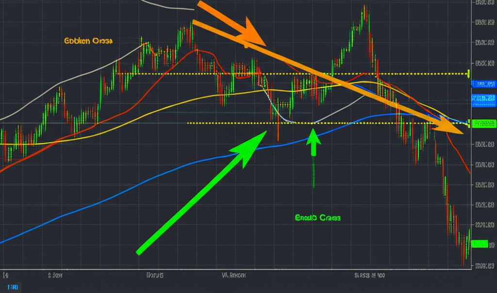 金融圖表顯示移動平均線交叉，形成黃金交叉與死亡交叉，箭頭標示買賣訊號與趨勢變化