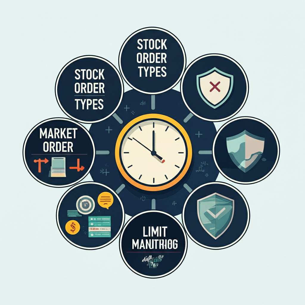 A comprehensive guide on stock order types market limit smart orders with a clock for trading times and a shield representing risk management illustration