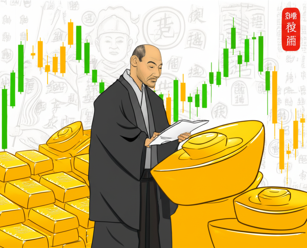 十八世紀日本米商觀察K線圖與黃金條和金融符號的插圖,融合傳統與現代金融主題