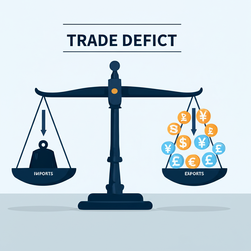 貿易逆差示意圖:進口大於出口的天秤,顯示國家商品和服務流入多於流出