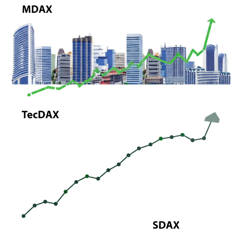 MDAX TecDAX SDAX三個市場圖表顯示不同成長模式與中小型公司建築背景