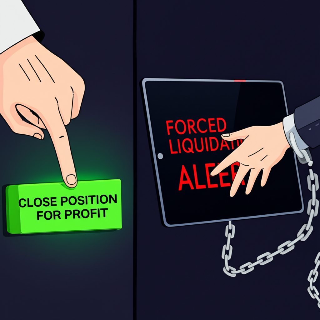 兩隻手對比圖，一隻主動按下獲利平倉鈕，另一隻被動從顯示強制平倉警報的螢幕拉開，伴隨鎖鏈