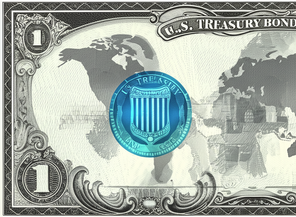 An illustration of a secure US Treasury bond certificate with a global map background symbolizing safe investment and international appeal