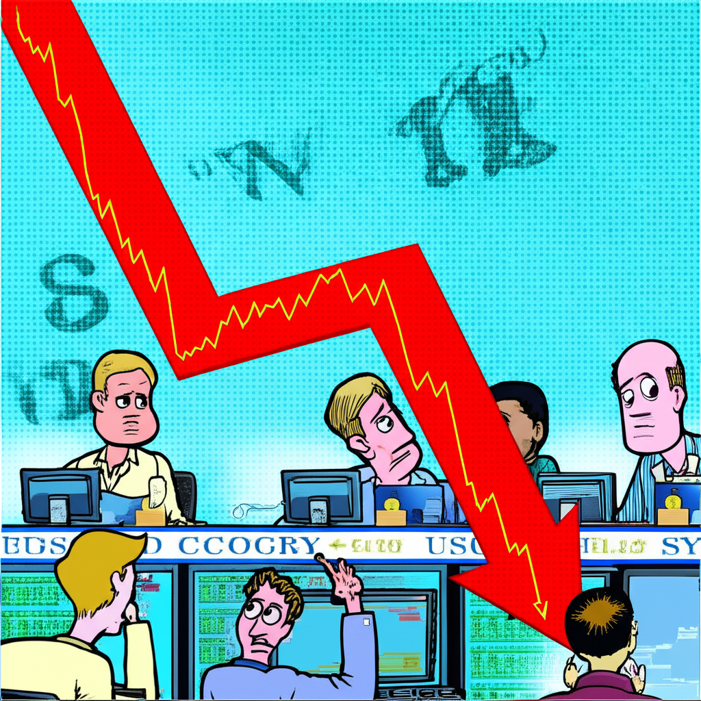 An illustration of a stock market chart rapidly plummeting downwards like a diver entering water with worried investors watching their screens in a dynamic financial market scene