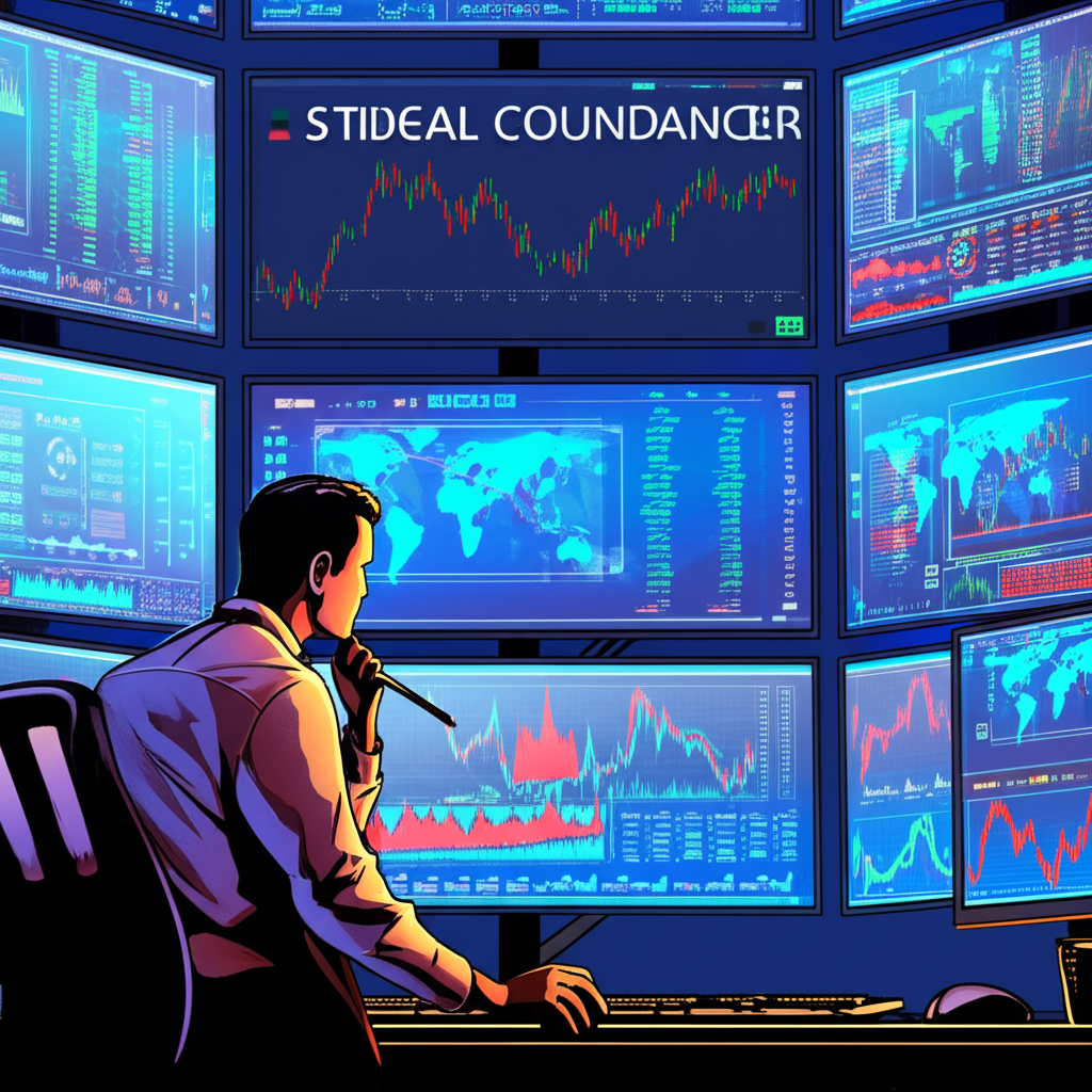 專業交易員在現代金融辦公室中專注分析多個螢幕上的股票圖表和市場數據