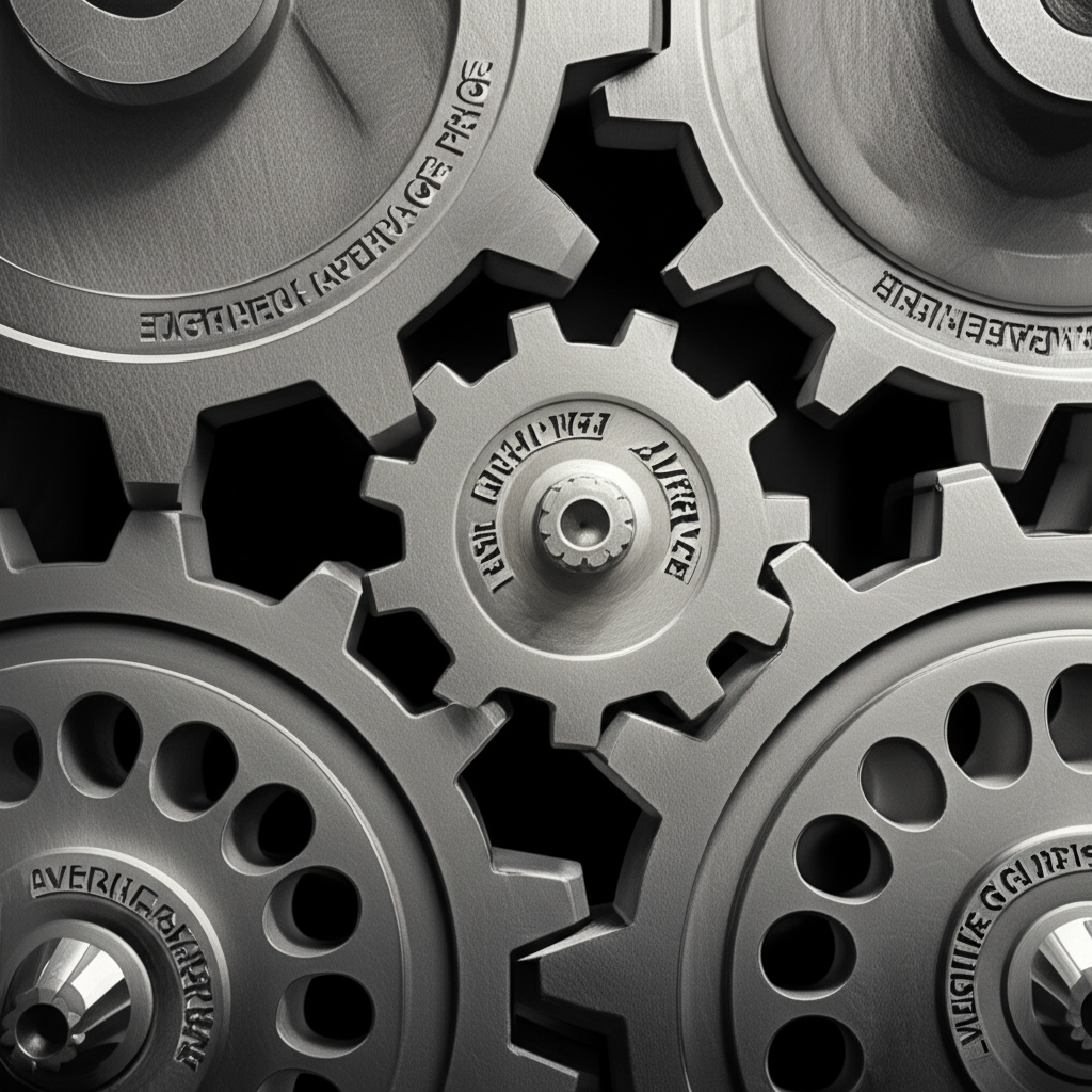 齒輪插圖,各齒輪標示不同計算方法如最後成交價、平均價和加權平均價,展示交易所間收盤價計算的多樣性