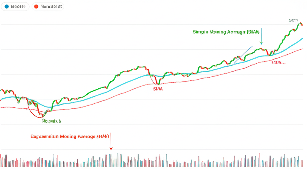 股票圖表比較兩條移動平均線,一條平滑SMA與一條反應快的EMA,強調計算差異