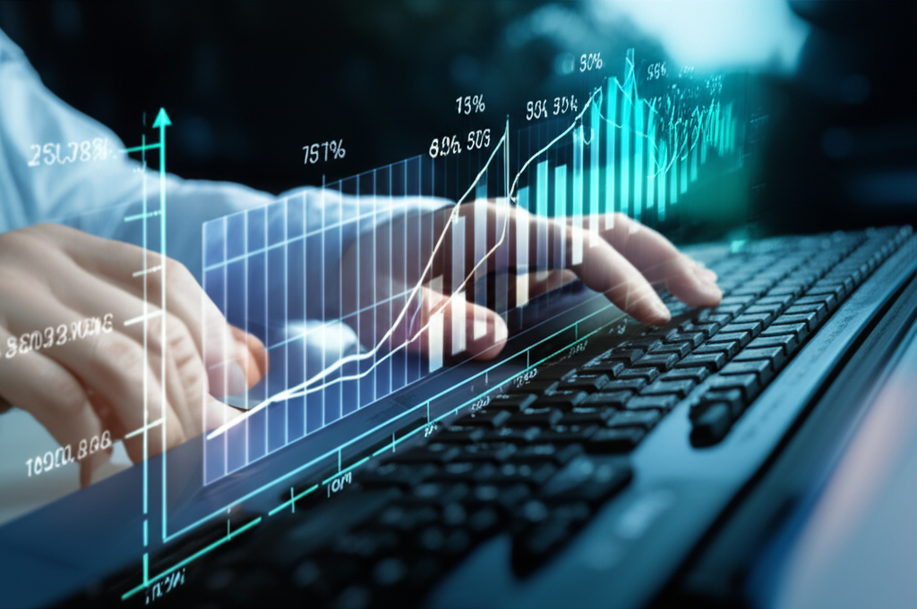 A person sending a digital trading instruction from a computer to a stock market represented by a stylized graph with price and quantity parameters illustration