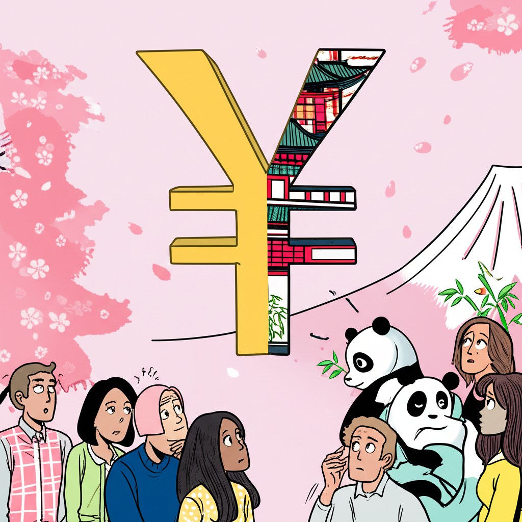 ¥ 符號雙重代表日本與中國貨幣的插圖,展示人們困惑表情