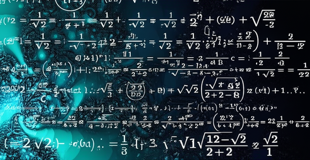 An abstract illustration depicting the mathematical derivation of the Silver Ratio 1 plus square root of 2 with equations and a repeating continuous fraction [2 2 2] flowing like an infinite pattern
