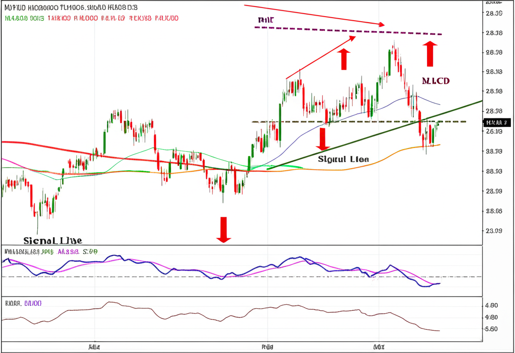 股票圖表上MACD指標組件，包括DIF線、DEA線和柱狀圖，顯示價格走勢與明顯背離模式，揭示市場動態