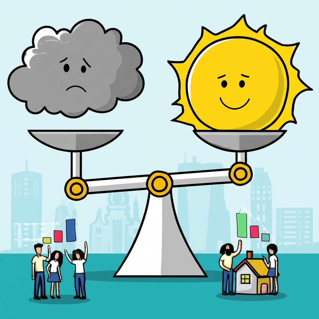 平衡秤上陽光微笑代表適度通貨膨脹，烏雲皺眉象徵經濟停滯，人們在全球市場投資股票和房屋