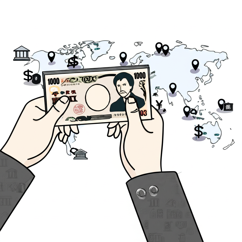 一位手持日圓與新台幣的人,背景為世界地圖標示貨幣兌換點與銀行符號的插圖