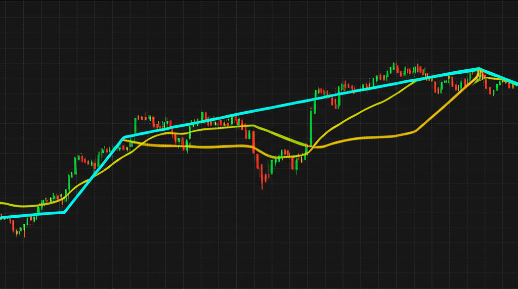 股票圖表上兩條線交會，短期移動平均線向上穿越長期移動平均線，形成金叉的技術分析圖示