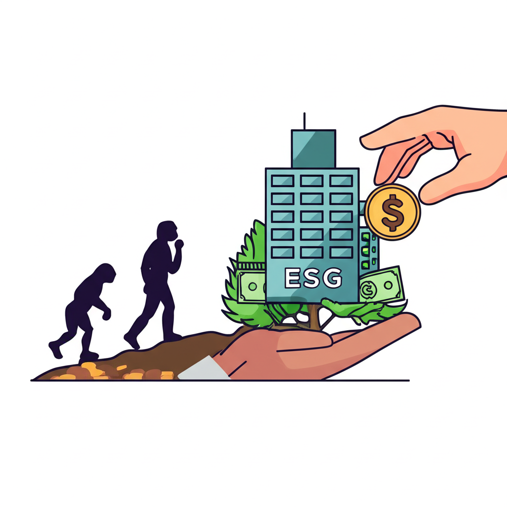 從CSR演進至ESG的時間線插圖，投資者手將資金置入樹形公司建築象徵永續資金與社會進步