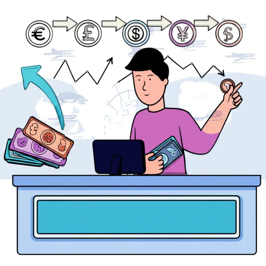 一位旅客在機場兌換不同貨幣,周圍環繞全球經濟符號與匯率變動箭頭的插圖