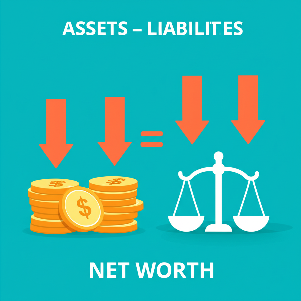 資產減負債等於淨值的簡單公式,伴隨金幣與債務符號