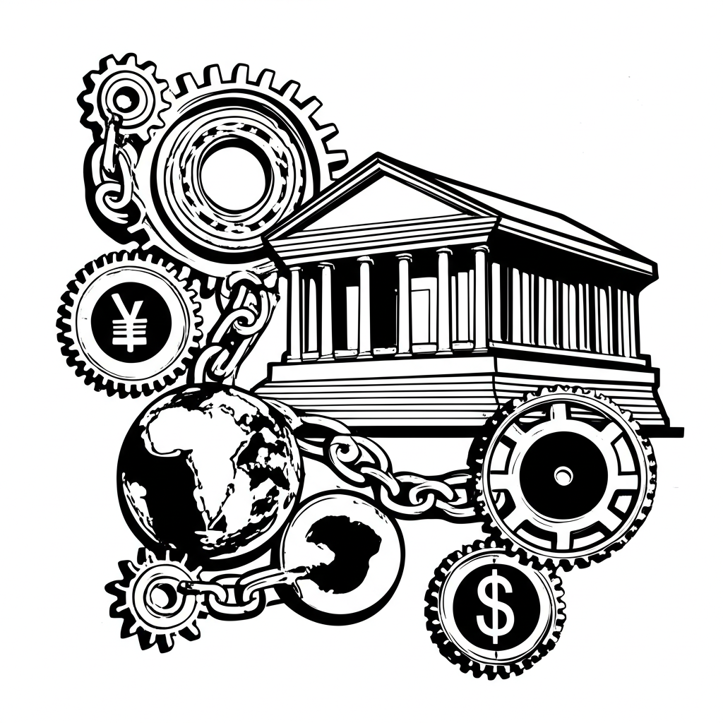 日圓貶值因素交織插圖,如齒輪連結的央行建築、美元符號與全球經濟元素,顯示多重影響日圓匯率的複雜機制
