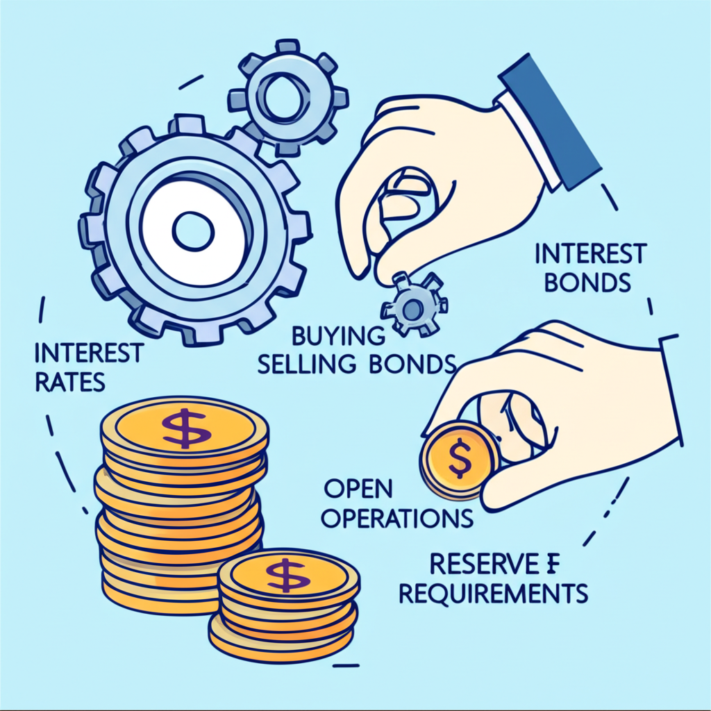 貨幣政策工具運作示意圖,包括利率、公開市場操作與存款準備金率