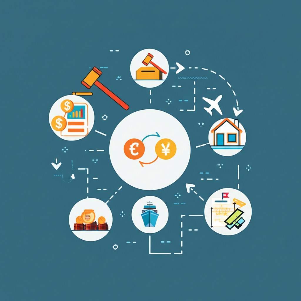 描繪影響匯率波動元素如政治事件、經濟數據如GDP和利率、全球貿易流