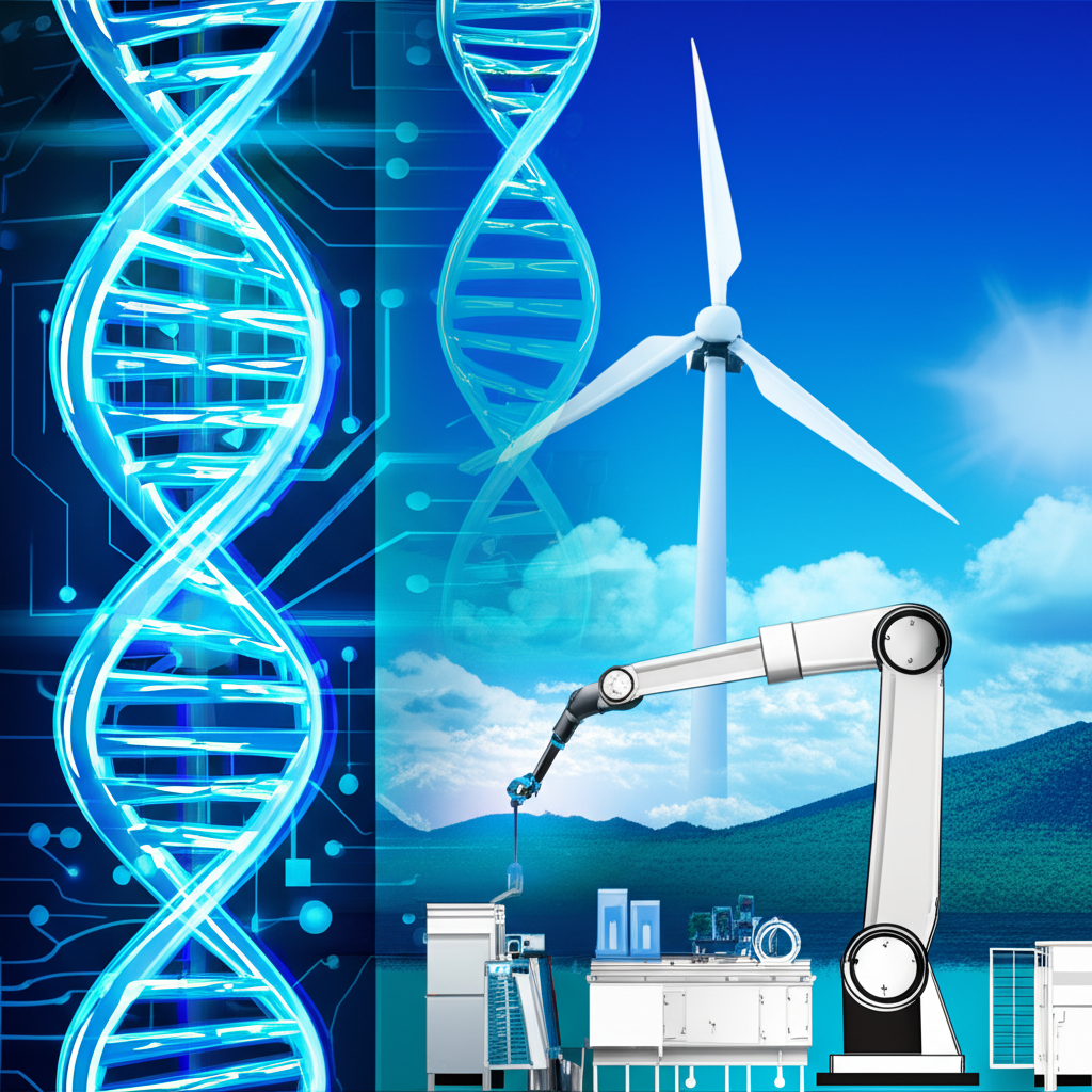 多元產業插圖，如電路板、DNA 螺旋、風力渦輪機與智慧工廠機器人，展現創新與成長