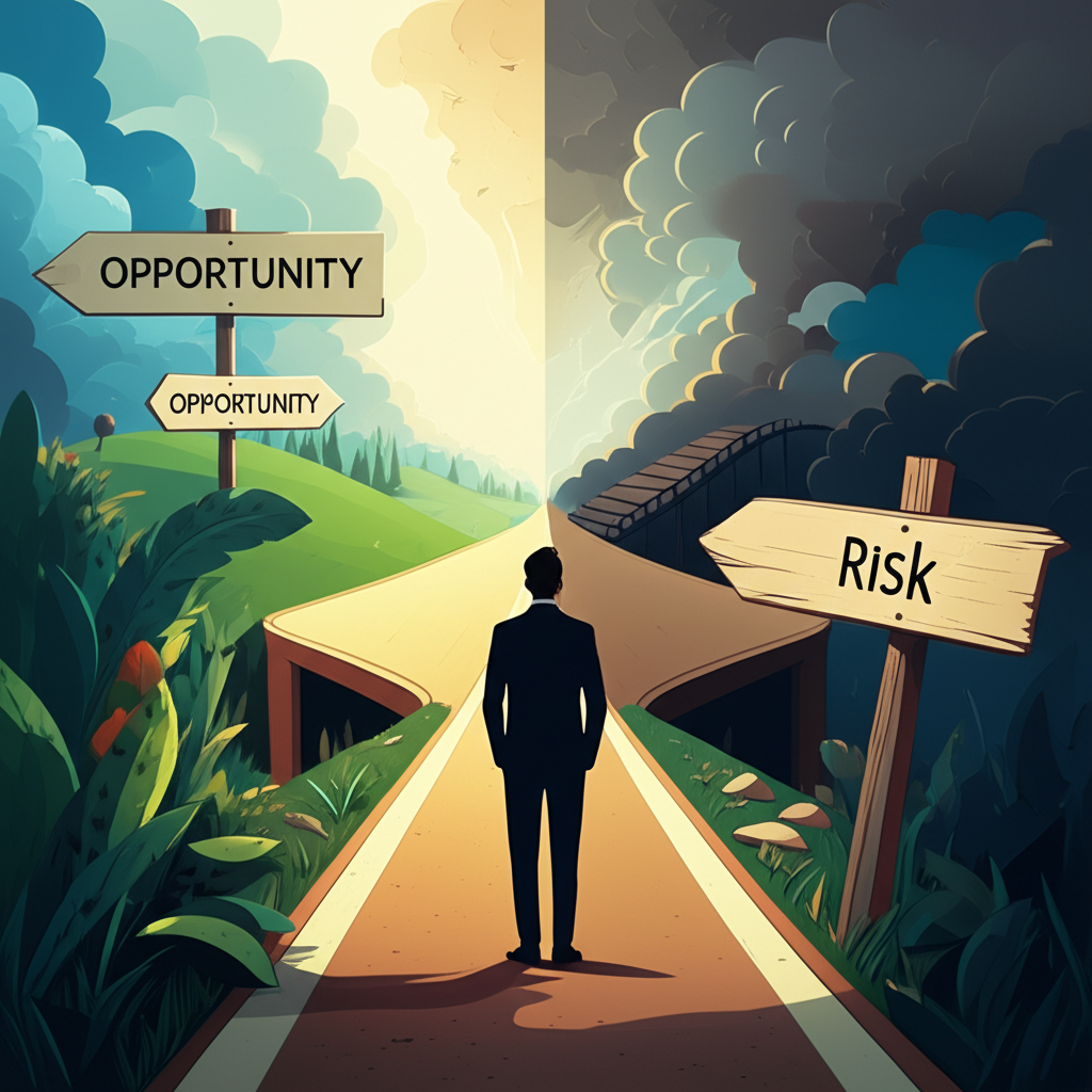 高本益比投資機會與風險的十字路口插圖，展示成長路徑與崩潰橋樑的對比