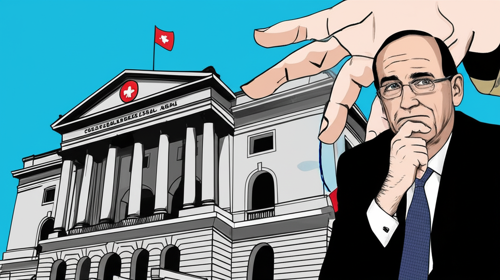 瑞士國家銀行建築,一隻大手輕推瑞士法郎圖表向下,央行官員若有所思