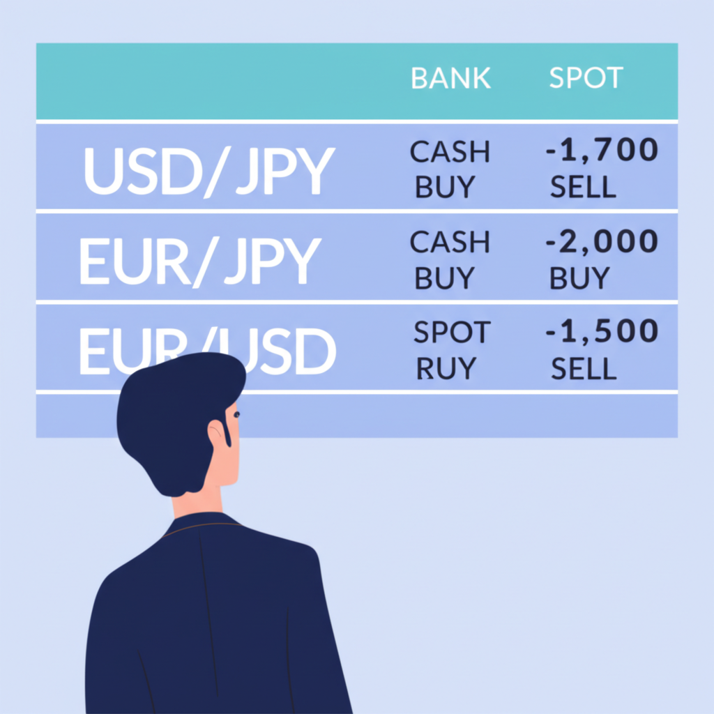 人看數位銀行匯率板顯示貨幣對如USD JPY EUR，包含現金買賣和即期買賣匯率數字