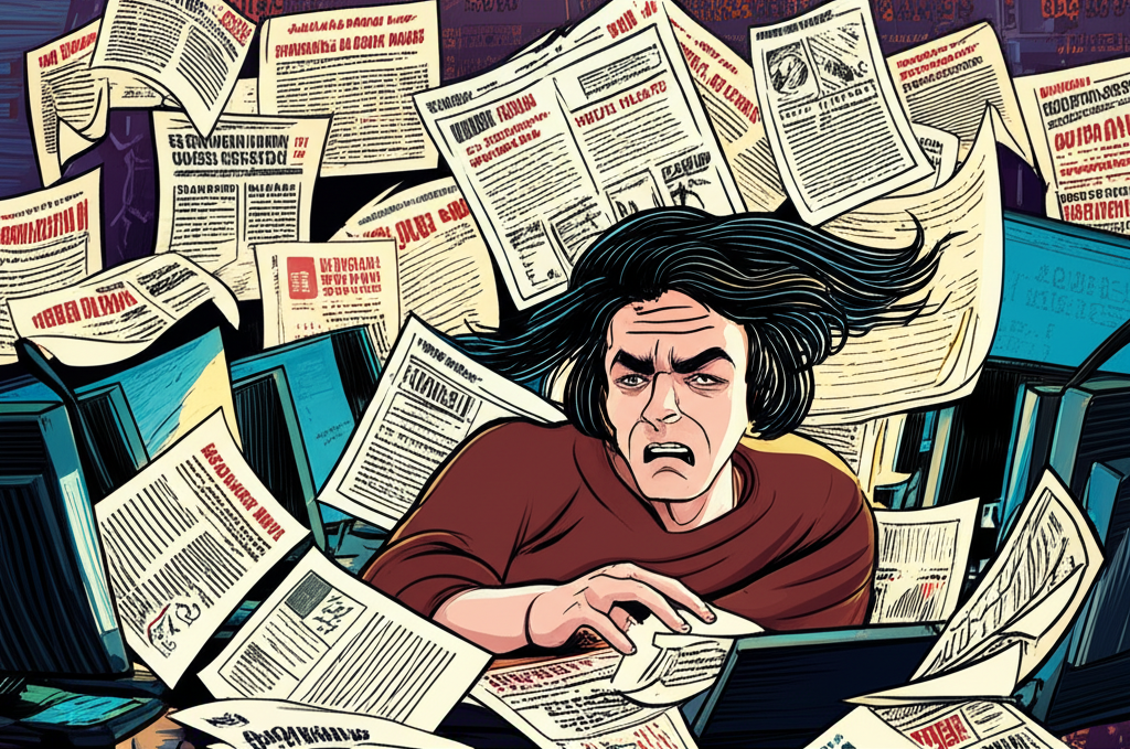 投資人面對海量金融新聞的動態股市插圖