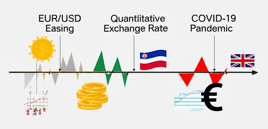 全球經濟事件時間線圖示,如量化寬鬆、英國脫歐與 COVID-19 疫情對 EUR/USD 匯率的影響及貨幣波動