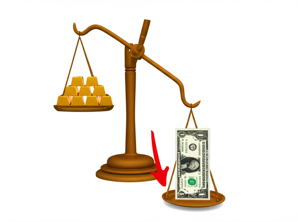 黃金與強勢美元的天平插圖,顯示美元強時金價下跌,弱美元讓非美元持有者買金更便宜