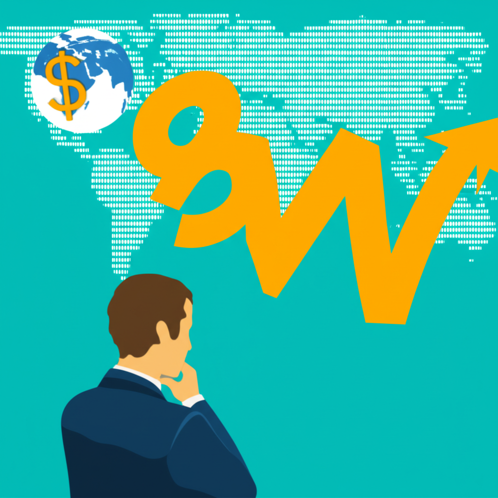 一位投資者面對波動的黃金價格圖表沉思,背景有世界地圖和美元符號,象徵經濟不確定性與買黃金的抉擇