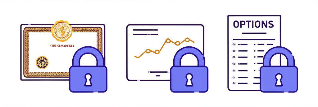 An illustration showing three distinct financial symbols a stock certificate a futures contract and an options chain each with a lock icon demonstrating their unique locking order applications and complexities