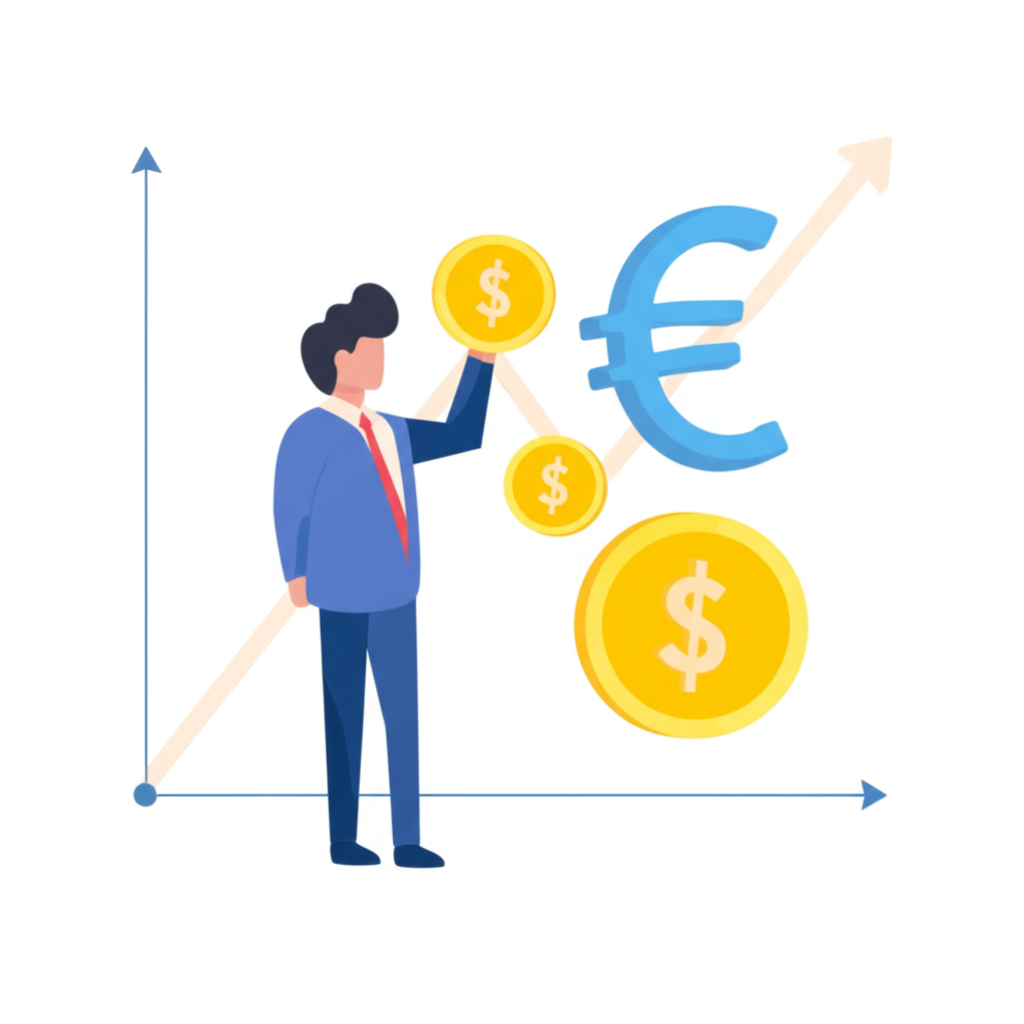 一個人自信管理短期資金的插圖，伴隨貨幣符號和穩定圖表，代表 MMF 的金融概念，區別於醫學用途