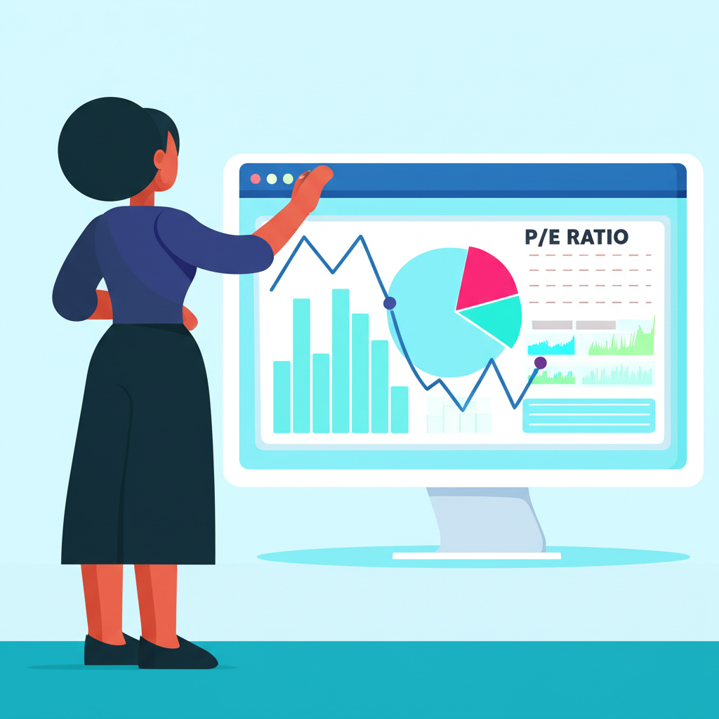 投資者觀看財務圖表顯示本益比的插圖